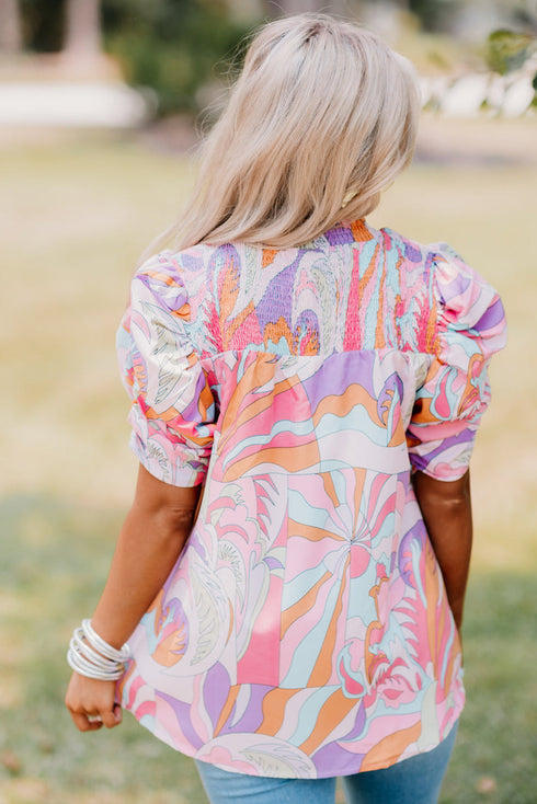Abstract Print Bubble Sleeve Smock Detail Blouse